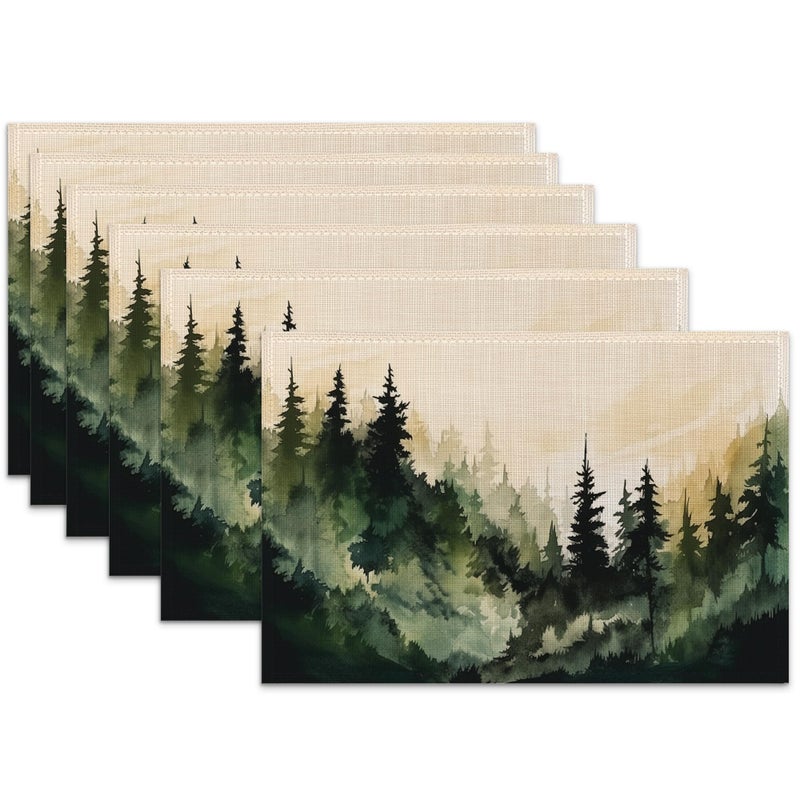 Snowmolle Mountain Linen Placemats Set of 6,12x18 Inch Forest Watercolor Tree Washable Table Mats Heat Resistant Place Mats for Home Party Kitchen Dining Decoration - Image 1