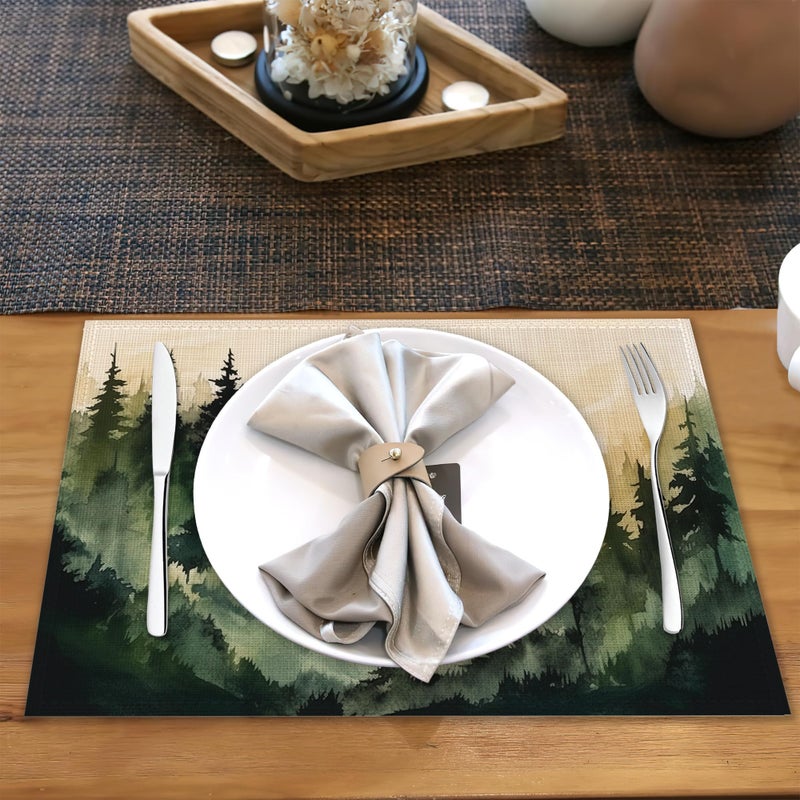Snowmolle Mountain Linen Placemats Set of 6,12x18 Inch Forest Watercolor Tree Washable Table Mats Heat Resistant Place Mats for Home Party Kitchen Dining Decoration - Image 5