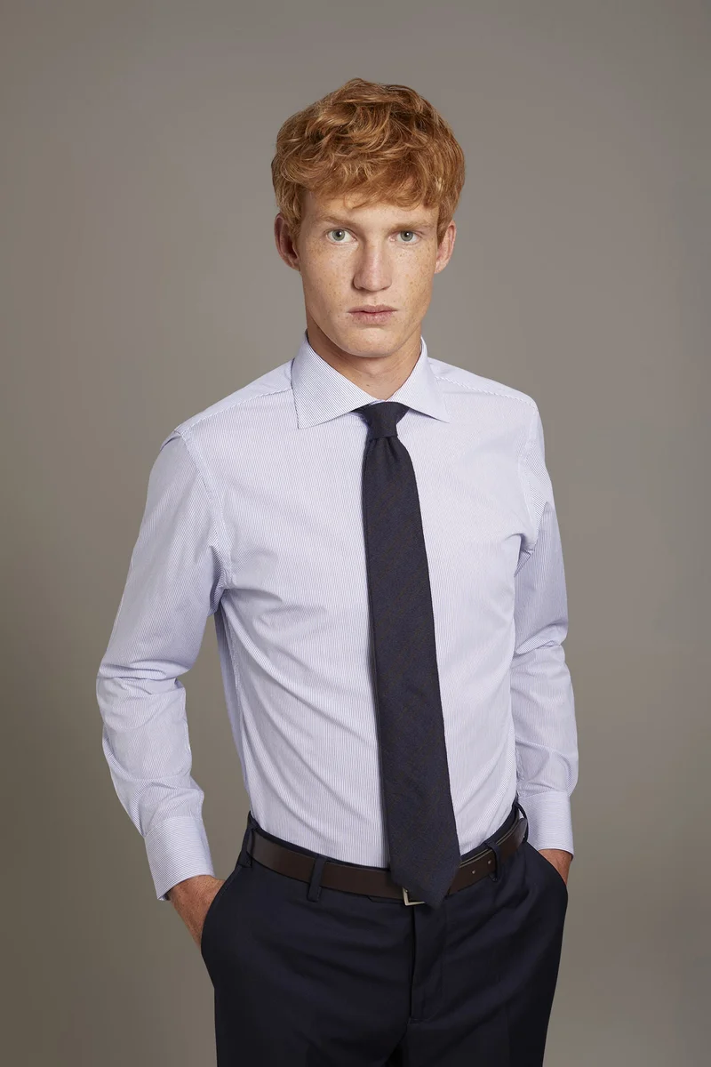 دوبل غانغر Classic shirt with french collar classic fit yarn-dyed striped fabric - White/Blue