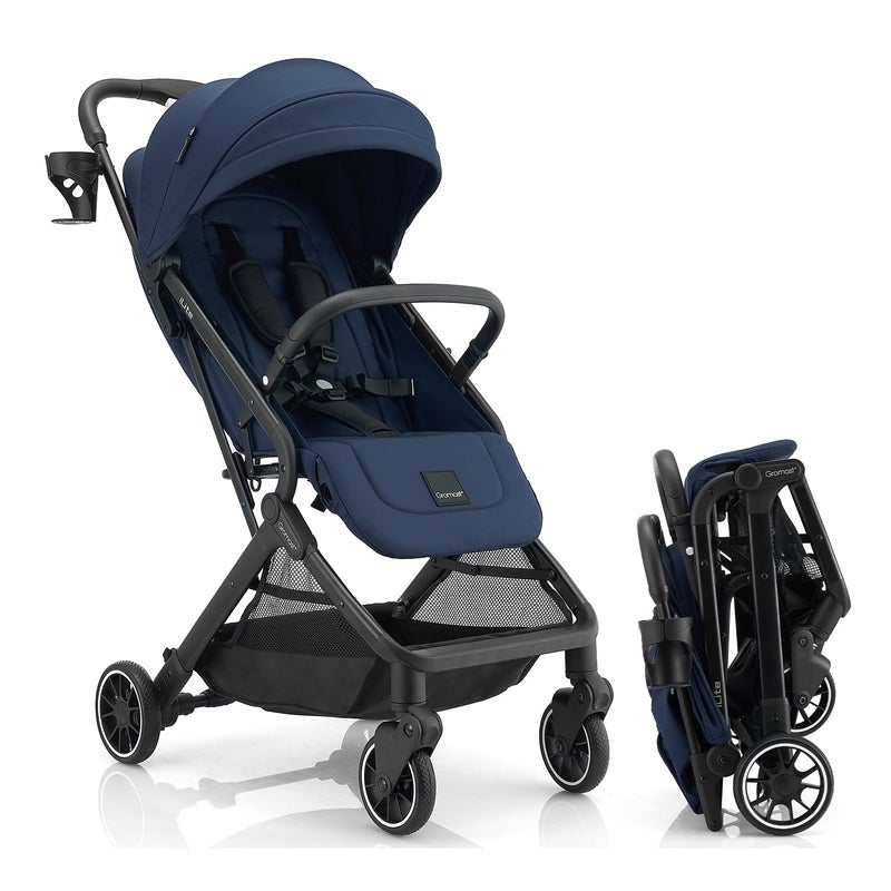 Gromast Compact Fold Baby Stroller, Lightweight Travel Toddler Stroller with One-Click Fold, Extendable UPF50+ Canopy, Cup Holder, UV Protected and Waterproof, One-Hand Folding - Blue - Image 1