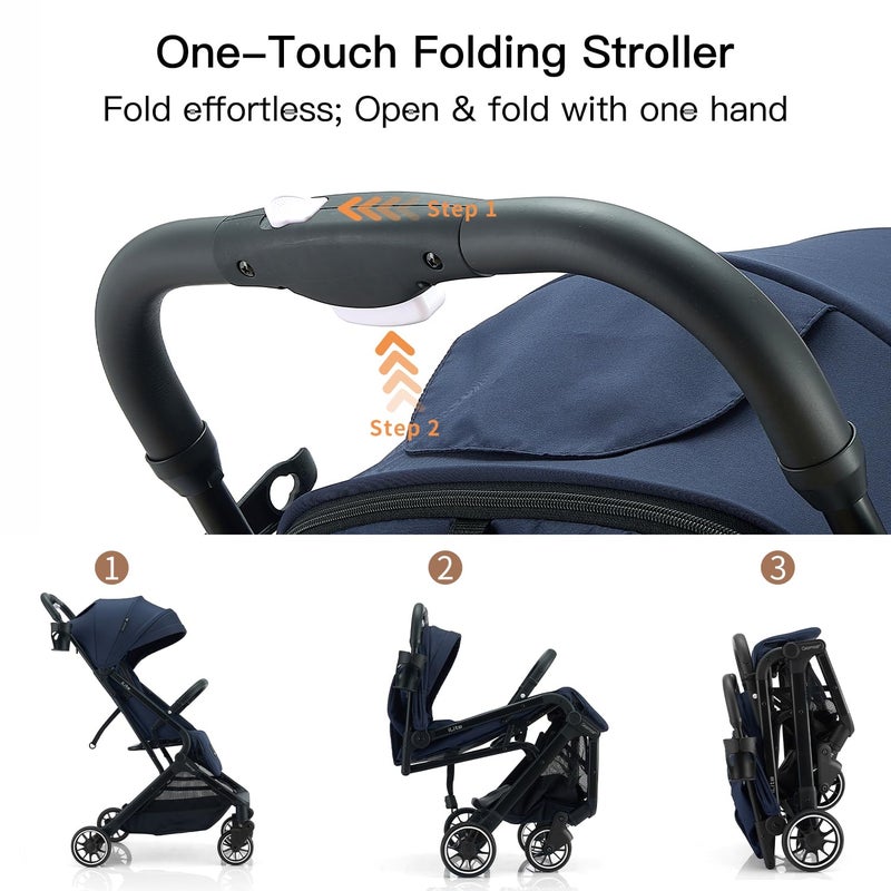 Gromast Compact Fold Baby Stroller, Lightweight Travel Toddler Stroller with One-Click Fold, Extendable UPF50+ Canopy, Cup Holder, UV Protected and Waterproof, One-Hand Folding - Blue - Image 2