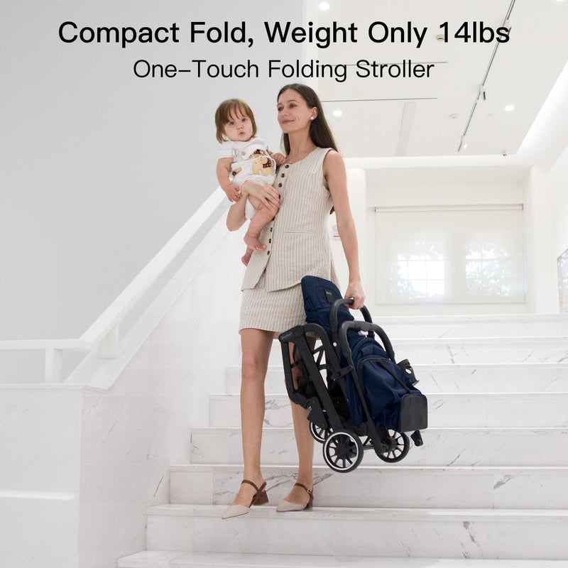 Gromast Compact Fold Baby Stroller, Lightweight Travel Toddler Stroller with One-Click Fold, Extendable UPF50+ Canopy, Cup Holder, UV Protected and Waterproof, One-Hand Folding - Blue - Image 3