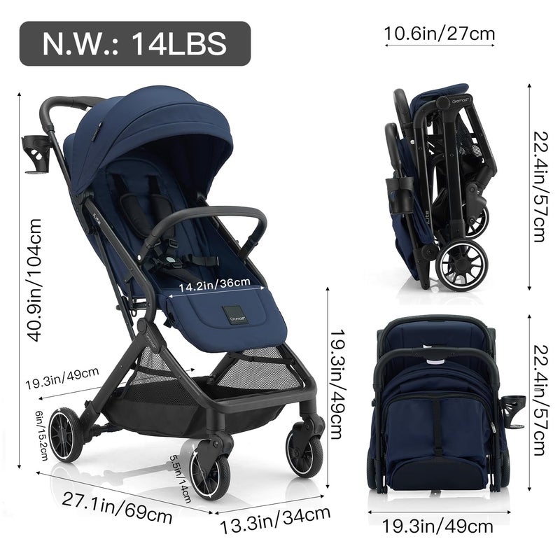 Gromast Compact Fold Baby Stroller, Lightweight Travel Toddler Stroller with One-Click Fold, Extendable UPF50+ Canopy, Cup Holder, UV Protected and Waterproof, One-Hand Folding - Blue - Image 5