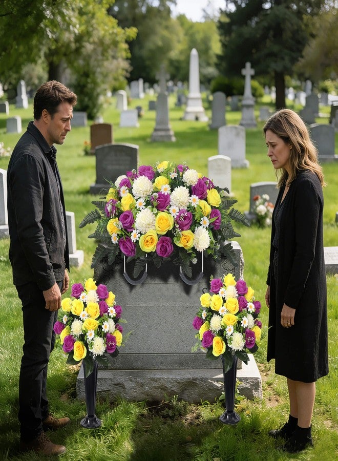 Wocst Cemetery Flowers for Grave,Headstone Flower Saddle 2sets Artificial 24 Heads Large Chrysanthemums Rose Daisy Bouquets with Cemetery Vases for Outdoor Grave Decorations (Purple Yellow, Large) - Image 2