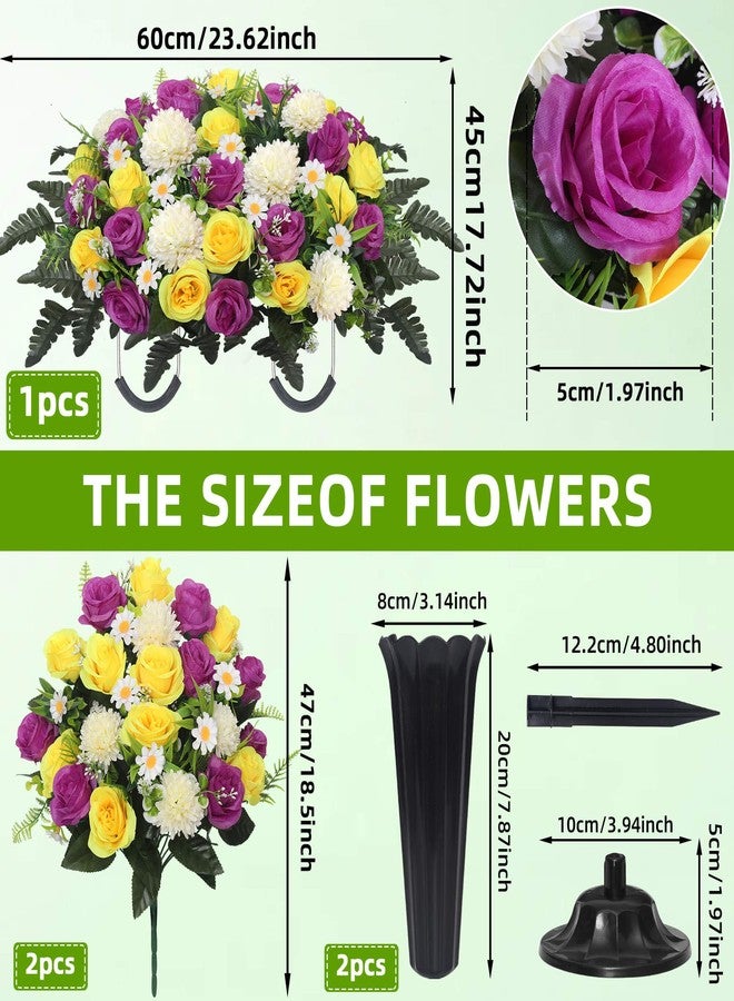 Wocst Cemetery Flowers for Grave,Headstone Flower Saddle 2sets Artificial 24 Heads Large Chrysanthemums Rose Daisy Bouquets with Cemetery Vases for Outdoor Grave Decorations (Purple Yellow, Large) - Image 3