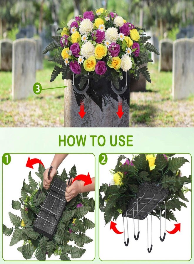 Wocst Cemetery Flowers for Grave,Headstone Flower Saddle 2sets Artificial 24 Heads Large Chrysanthemums Rose Daisy Bouquets with Cemetery Vases for Outdoor Grave Decorations (Purple Yellow, Large) - Image 5