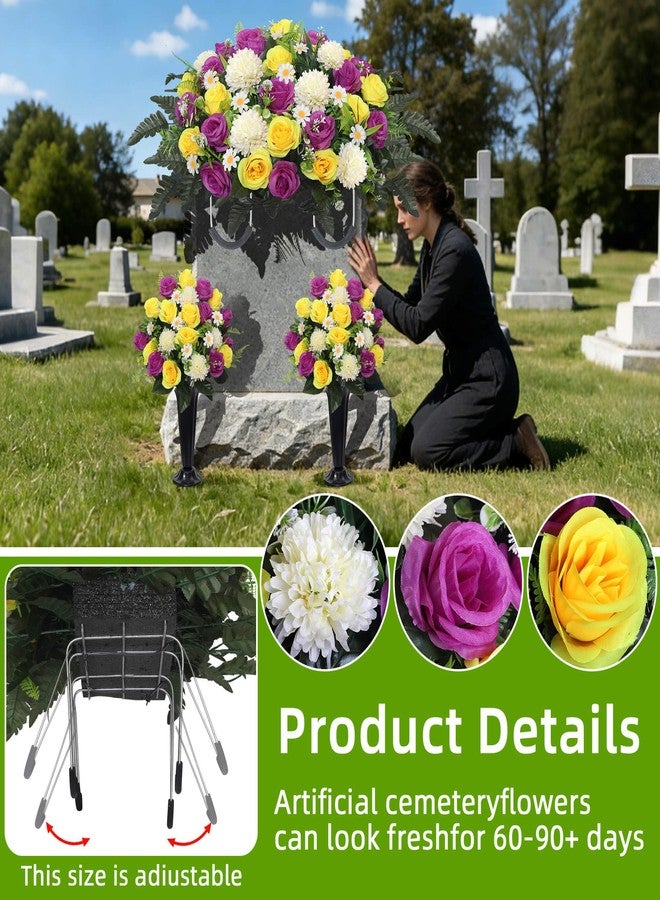 Wocst Cemetery Flowers for Grave,Headstone Flower Saddle 2sets Artificial 24 Heads Large Chrysanthemums Rose Daisy Bouquets with Cemetery Vases for Outdoor Grave Decorations (Purple Yellow, Large) - Image 4