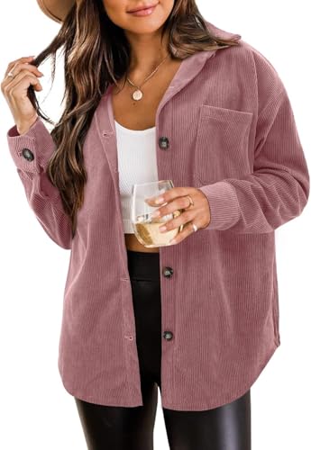 ZOLUCKY Women's Corduroy Shacket Casual Button Down Jacket Shacket Long Sleeve Solid Color Oversized Tops with Pockets, Dirty Powder Medium - Image 1