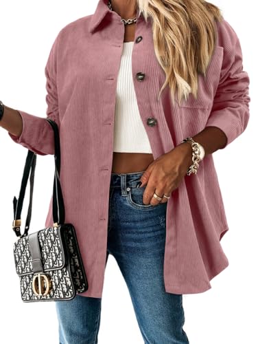 ZOLUCKY Women's Corduroy Shacket Casual Button Down Jacket Shacket Long Sleeve Solid Color Oversized Tops with Pockets, Dirty Powder Medium - Image 2