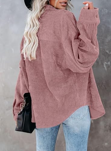 ZOLUCKY Women's Corduroy Shacket Casual Button Down Jacket Shacket Long Sleeve Solid Color Oversized Tops with Pockets, Dirty Powder Medium - Image 5