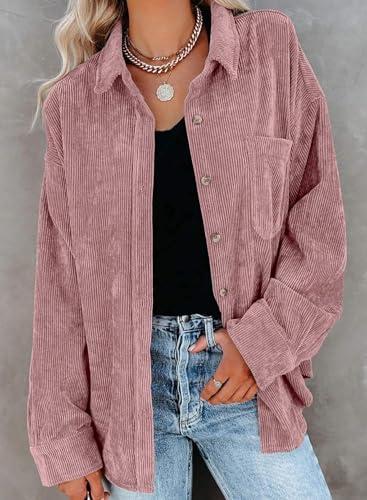 ZOLUCKY Women's Corduroy Shacket Casual Button Down Jacket Shacket Long Sleeve Solid Color Oversized Tops with Pockets, Dirty Powder Medium - Image 4