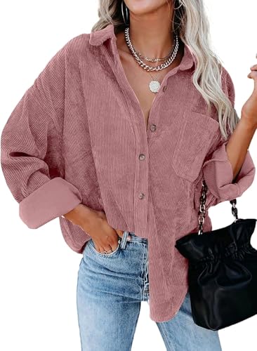 ZOLUCKY Women's Corduroy Shacket Casual Button Down Jacket Shacket Long Sleeve Solid Color Oversized Tops with Pockets, Dirty Powder Medium - Image 3