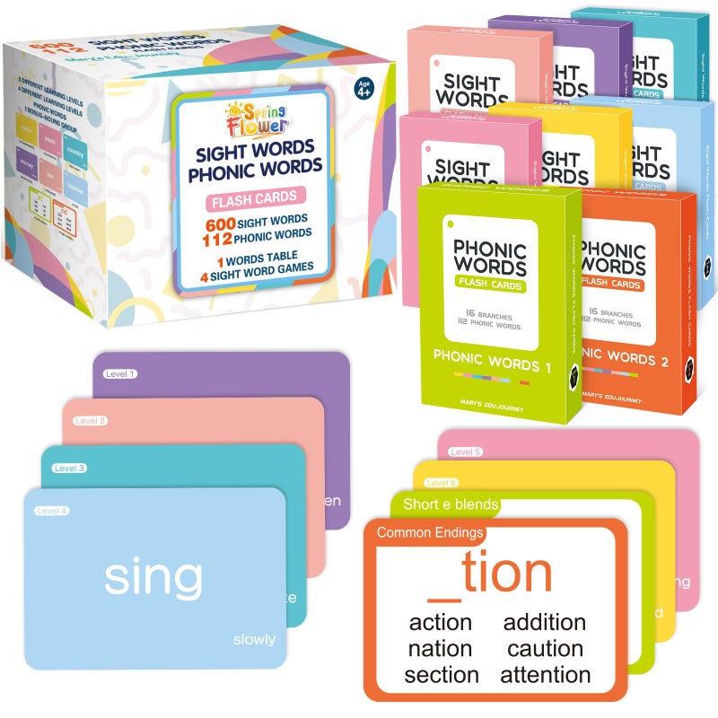 spring flower SpringFlower 712 Sight Words Flash Card600 Dolch Fry High Frequency Sight Word112 Phonic Flash Cards for Kindergarten Homeschool Supplies Games for Kids PreK Kindergarten 1st 2nd 3rd Grade - Image 2