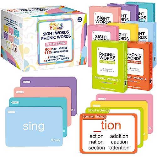 spring flower SpringFlower 712 Sight Words Flash Card600 Dolch Fry High Frequency Sight Word112 Phonic Flash Cards for Kindergarten Homeschool Supplies Games for Kids PreK Kindergarten 1st 2nd 3rd Grade - Image 1