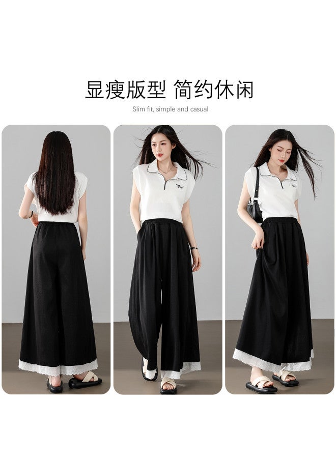 Baleno Lace Trim Yamamoto Pants - Women's Fashion High-waisted Casual Wide-leg Trousers, Versatile Summer Bestseller Elegant Palazzo Pants - Image 4