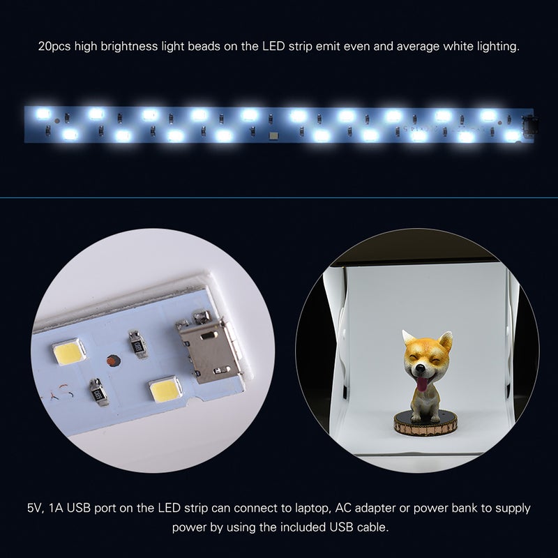Portable DIY LED Studio Light Box Tent Kit Mini Foldable Photo Studio Softbox 6500K with Built-in 1pc LED Strip 6 Different Colors of Backdrops 5V 1A USB Input for Small Products Still Life - Image 5