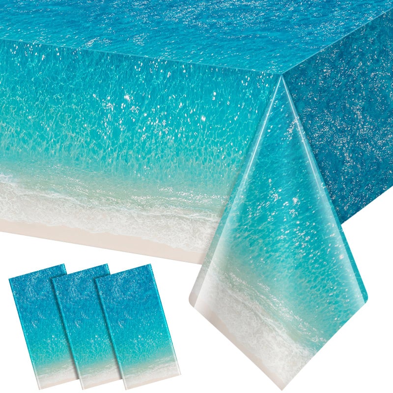 Hallswl 3Pcs Ocean Waves Tablecloth, Ocean Water Print Tablecloths Summer Disposable Plastic Table Covers for Beach Surf Pool Sea Themed Party Birthday Decorations,54X108inch - Image 1