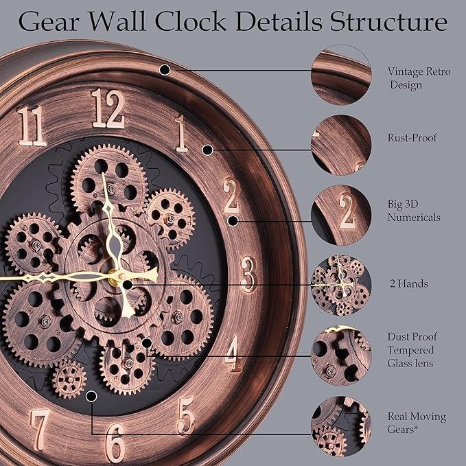Bosco Non-Ticking Silent, Copper Metallic Frame, 3D Moving Mechanism Design, 41 CM Modern Decorative Gear Wall Clock for Home, Living Room, Bed Room, Office and Kitchen - BWC-1909 - Image 2