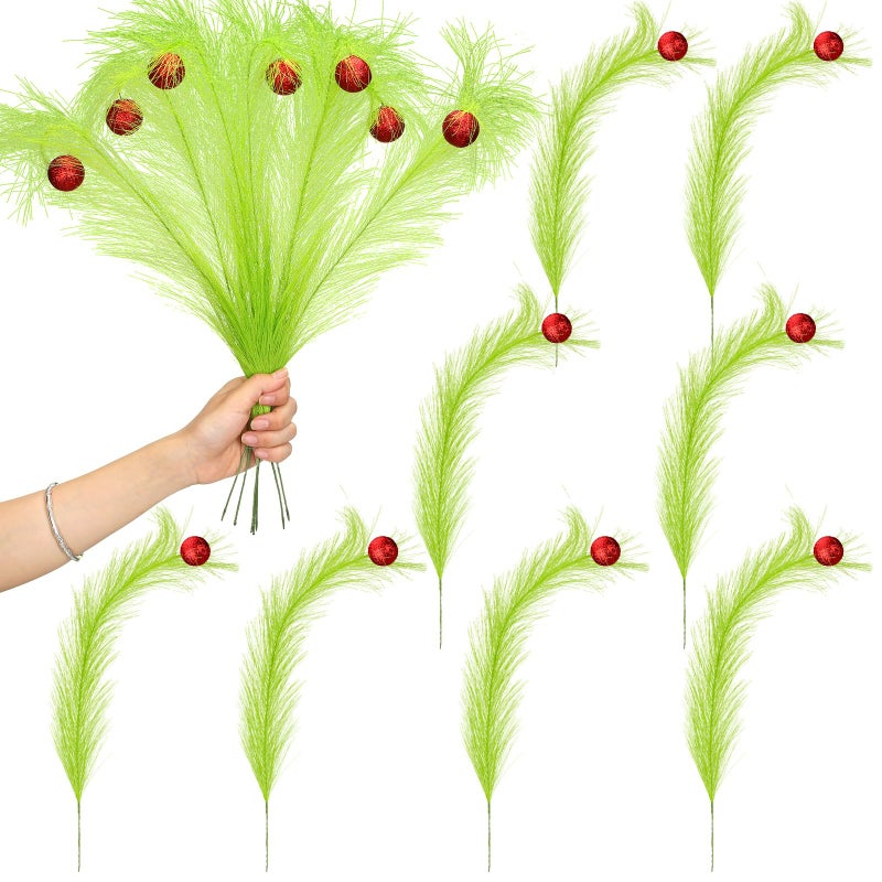 Yuxung 8 Pcs Christmas Tree Topper 17 Lime Green Curly Tree Picks with Red Ball Xmas Artificial Green Stems for Christmas Home Wreath Craft Decoration Supplies