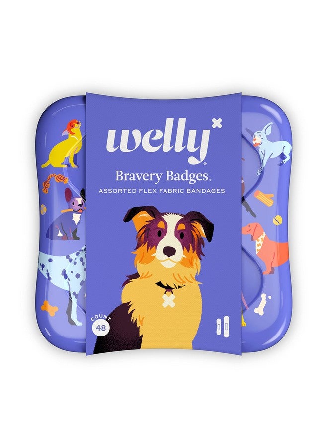 Welly Bandages Adhesive Flexible Fabric Bravery Badges Assorted Shapes For Minor Cuts Scrapes And Wounds Colorful And Fun First Aid Tin Dogs Patterns 48 Count - Image 1