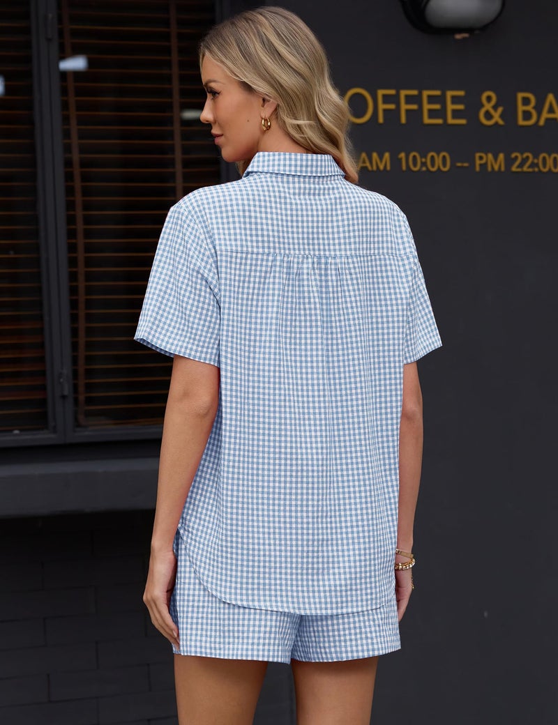 Rapbin Women 2 Piece Short Sleeve Summer Cotton Sets Matching Vacation Gingham Sets Casual Two Piece Plaid Shirt and Shorts Set Blue and white plaidï¼ˆcottonï¼‰ L - Image 5