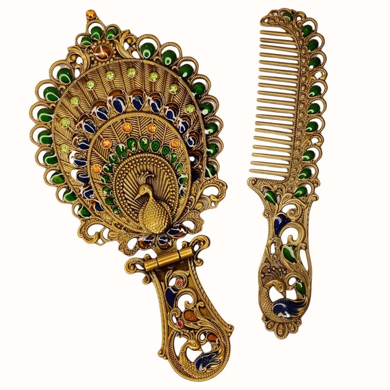 Vemlons Metal Mirror and Comb Set, Peacock Mirror, Tabletop Mount, Framed, Oval, Multicolour - Image 2