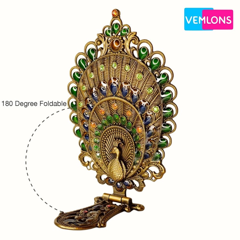 Vemlons Metal Mirror and Comb Set, Peacock Mirror, Tabletop Mount, Framed, Oval, Multicolour - Image 4
