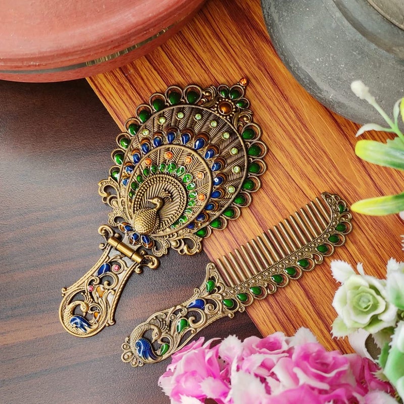 Vemlons Metal Mirror and Comb Set, Peacock Mirror, Tabletop Mount, Framed, Oval, Multicolour - Image 1