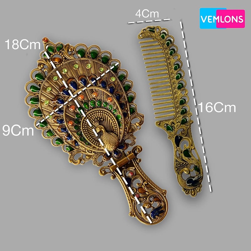 Vemlons Metal Mirror and Comb Set, Peacock Mirror, Tabletop Mount, Framed, Oval, Multicolour - Image 3