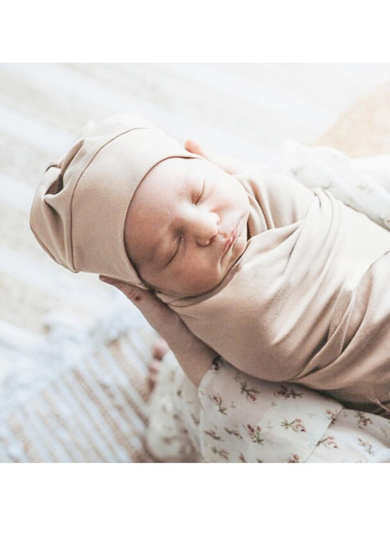 4Pcs Receiving Blanket, Baby Newborn Receiving Blanket, Cotton Knit Baby Wrap, with Matching Headband and Beanie Set, Baby Swaddle, Nursery Swaddle Wrap, Breathable & Soft Thin Baby Blanket, Beige  - Image 3
