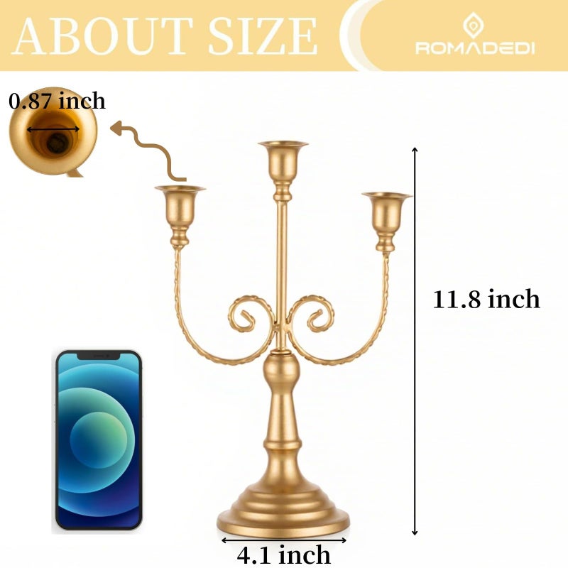 Romadedi Candelabra Gold Candle Holders - 3 Arm 11.8" Wedding Candlestick Holder for Theme Party Table Centerpiece Decor Dining Room Birthday Holiday Christmas - Image 3