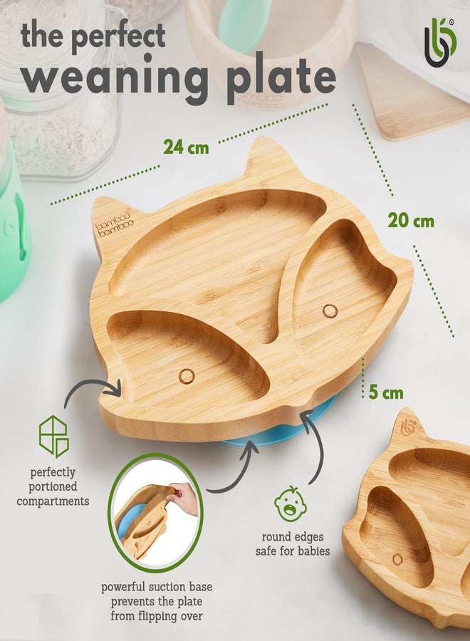 bamboo bamboo Baby and Toddler Plate for Feeding and Weaning, Bamboo Fox Plate with Secure Suction Cup for Babies from 6 Months (Fox, Blue) - Image 2