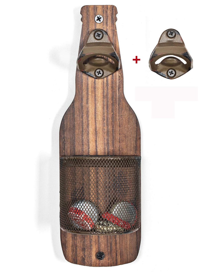 spa luxetique Vintage Wooden Wall Mounted Bottle Opener with Cap Catcher - Image 1