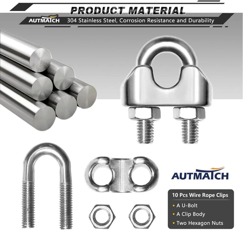 AUTMATCH M5 Wire Rope Cable Clip Clamp 3/16 Inch, 304 Stainless Steel U Bolt Saddle Fastener, 10 Pack - Image 3