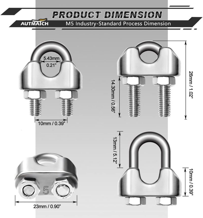 AUTMATCH M5 Wire Rope Cable Clip Clamp 3/16 Inch, 304 Stainless Steel U Bolt Saddle Fastener, 10 Pack - Image 2