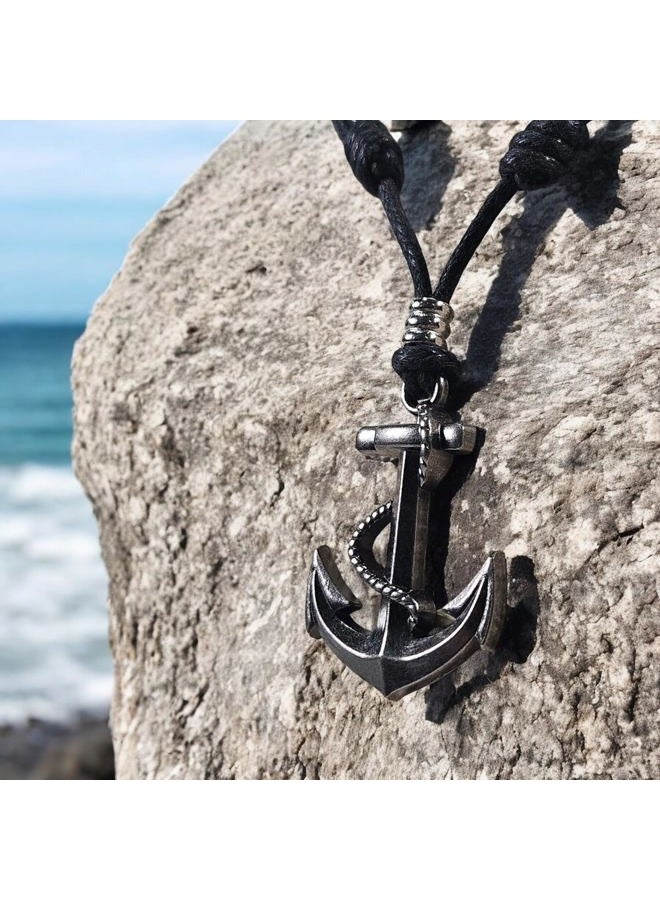 BlueRica Anchor & Rope Pendant on Adjustable Black Rope Cord Necklace (Old Silver) - Image 3