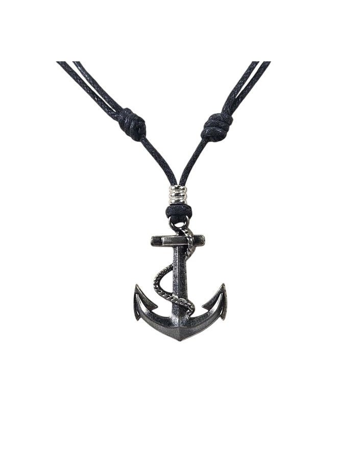 BlueRica Anchor & Rope Pendant on Adjustable Black Rope Cord Necklace (Old Silver) - Image 1