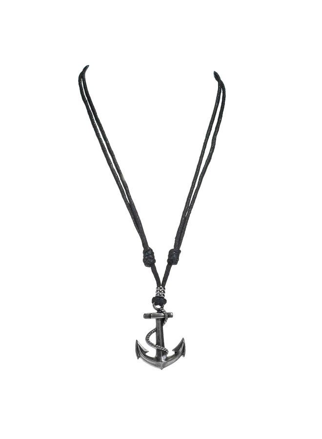 BlueRica Anchor & Rope Pendant on Adjustable Black Rope Cord Necklace (Old Silver) - Image 2