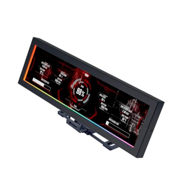 شاشة عرض عالمية لحالات الكمبيوتر الشخصي: شاشة ARGB IPS LCD سوداء، دقة 1920 × 480، 8.8 بوصة، تعمل بمنفذ USB، غلاف أنيق من الألومنيوم مزود بإضاءة قابلة للتخصيص - Image 1
