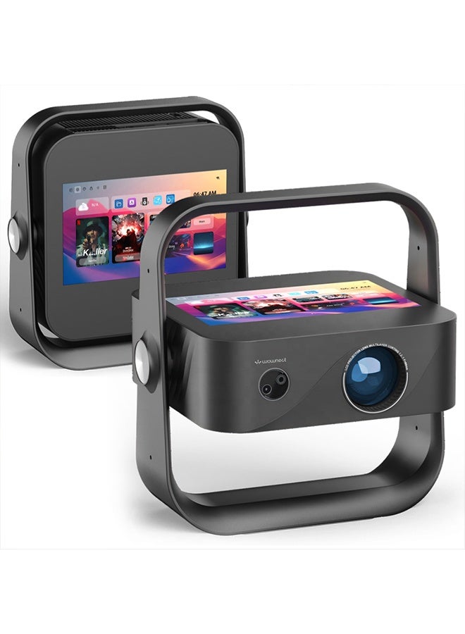 Wownect ORBIT 360 PRO TAB Projector 300 ANSI Lumens, Native 1080P, Android 12, 250-Inch Display, 7-Inch Touchscreen, Auto Focus And Keystone, WiFi 6, Bluetooth 5.1, AirPlay And Miracast, Portable Home Theater PROJ-WO-113-AN Black