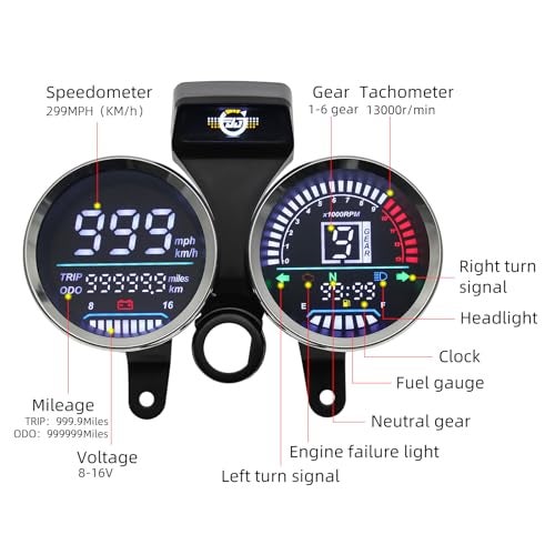 MAIMEIMI Motorcycle Speedometer Digital Speedometer for Motorcycle MPH Moto Gauge Cluster with Tachometer 13000r/min Odometer Fuel Indicator 6 Gear Compatible for Suzuki GN 125 - Image 2