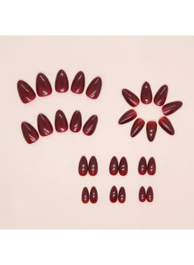ريزونيكس 24 قطعة من أظافر الضغط باللون الأحمر النبيذي - أظافر أكريليك صناعية لامعة متوسطة الحجم بلون اللوز، قابلة لإعادة الاستخدام، تغطية كاملة، أظافر لاصقة للنساء، ديكور مانيكير منزلي الصنع - Image 3