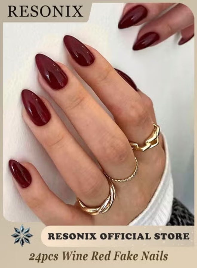 ريزونيكس 24 قطعة من أظافر الضغط باللون الأحمر النبيذي - أظافر أكريليك صناعية لامعة متوسطة الحجم بلون اللوز، قابلة لإعادة الاستخدام، تغطية كاملة، أظافر لاصقة للنساء، ديكور مانيكير منزلي الصنع - Image 1