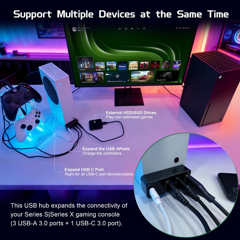 Joso 4 Ports USB Hub 3.0 for Xbox Series X & S, USB Splitter Expansion Adapter with Type-C for External Hard Drives, Controller Charger, Keyboard, Mouse & More - Black - Image 3