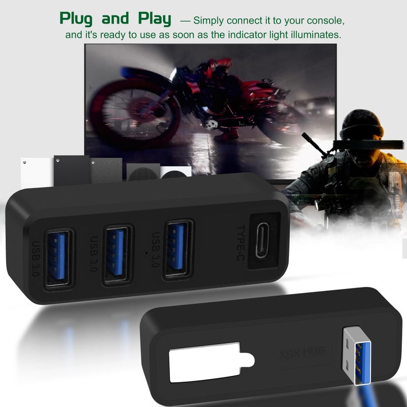 Joso 4 Ports USB Hub 3.0 for Xbox Series X & S, USB Splitter Expansion Adapter with Type-C for External Hard Drives, Controller Charger, Keyboard, Mouse & More - Black - Image 4