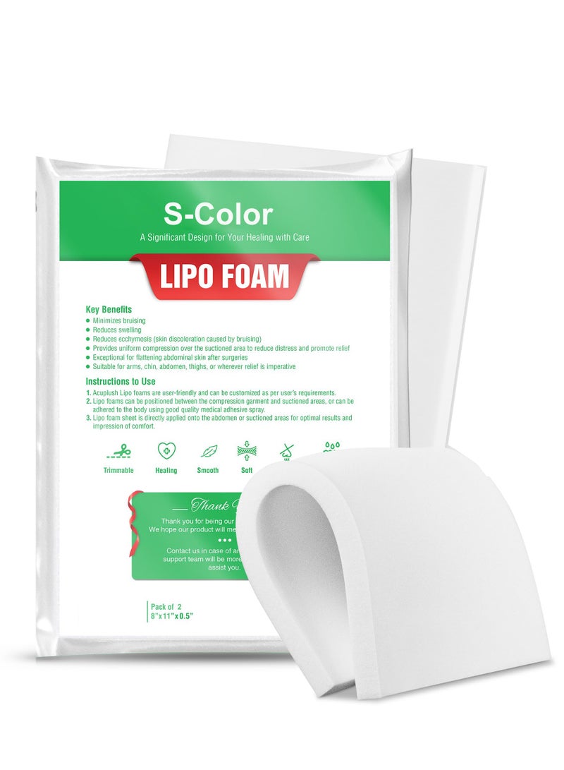 إس كولور 2 عبوة من ضمادات رغوة ليبو - لوح ما بعد الجراحة للتعافي من شفط الدهون ، وتسطيح الملابس الضاغطة للبطن لجراحة شد البطن (8 × 11 بوصة × 0.5 بوصة) - Image 1