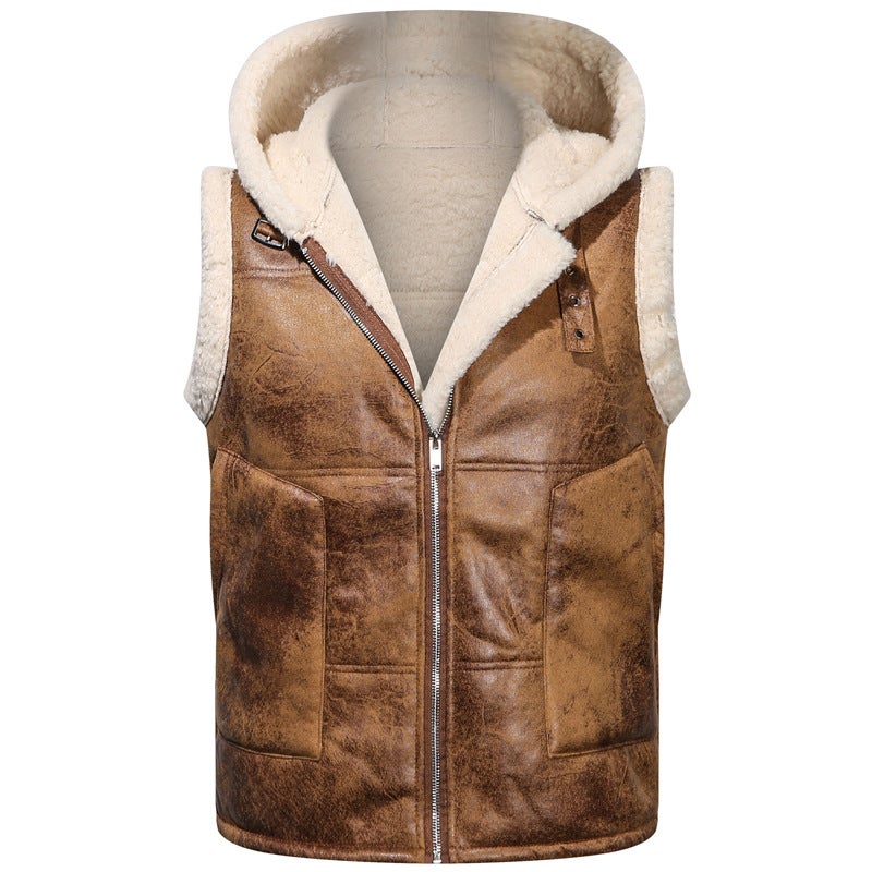 Mens Fleece-lined Thickened Leather Vest Hooded Cold-proof Warm Large Size Waistcoat Lamb Fleece Cross-border Casual Cotton Vest Trendy H70 brown  - Image 1