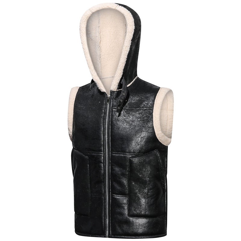 Mens Fleece-lined Thickened Leather Vest Hooded Cold-proof Warm Large Size Waistcoat Lamb Fleece Cross-border Casual Cotton Vest Trendy H70 brown  - Image 2