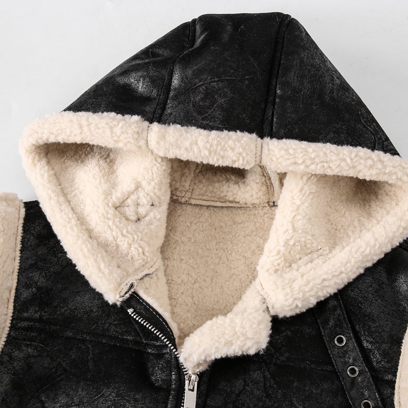 Mens Fleece-lined Thickened Leather Vest Hooded Cold-proof Warm Large Size Waistcoat Lamb Fleece Cross-border Casual Cotton Vest Trendy H70 brown  - Image 4