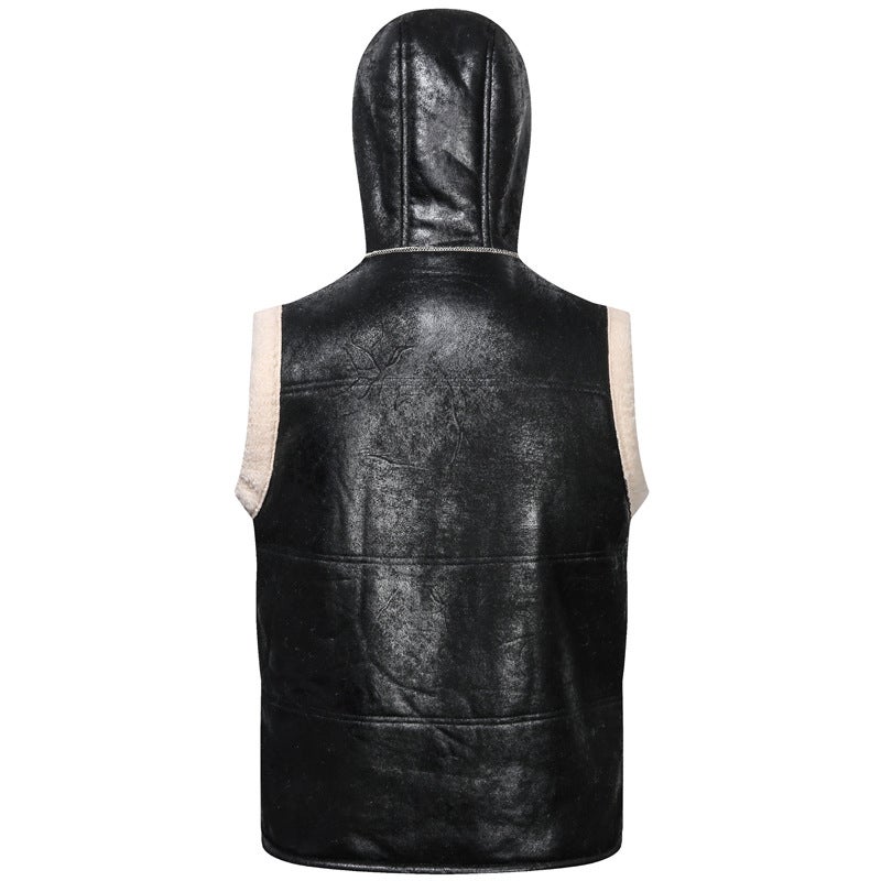 Mens Fleece-lined Thickened Leather Vest Hooded Cold-proof Warm Large Size Waistcoat Lamb Fleece Cross-border Casual Cotton Vest Trendy H70 brown  - Image 3